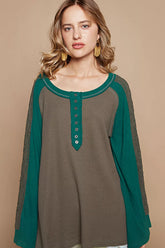 POL Scoop Neck Contrast Long Sleeve Top with Lace Detail OutfitFlow
